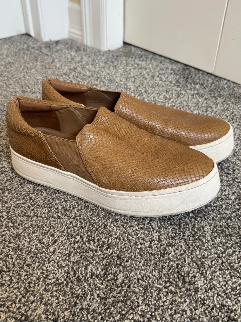 Vince Tan Textured Slip-On Sneakers with White Platform Sole